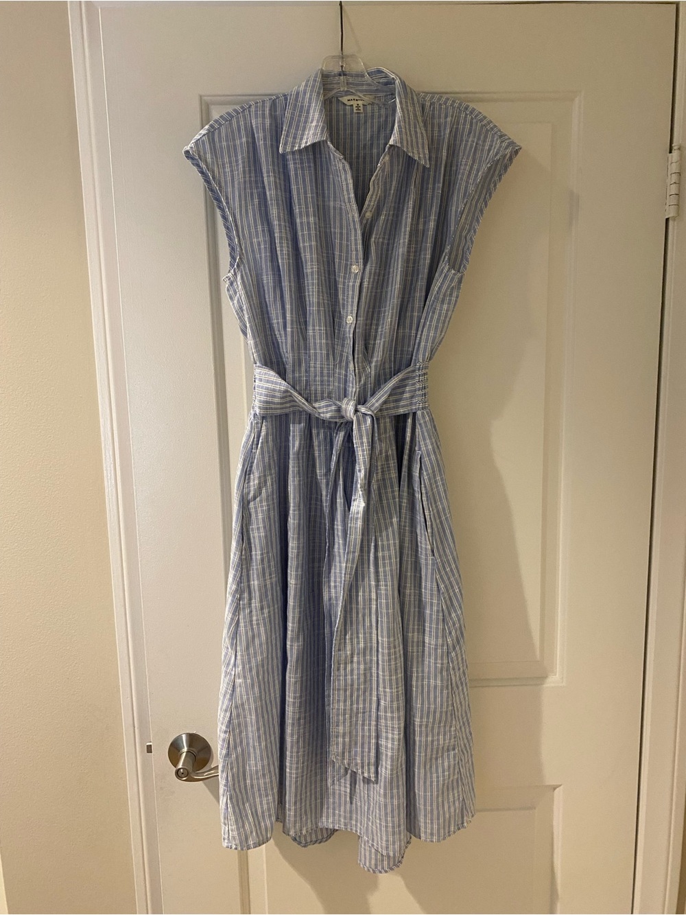 Max Studio Light Blue & White Striped Midi Shirt Dress with Tie Waist